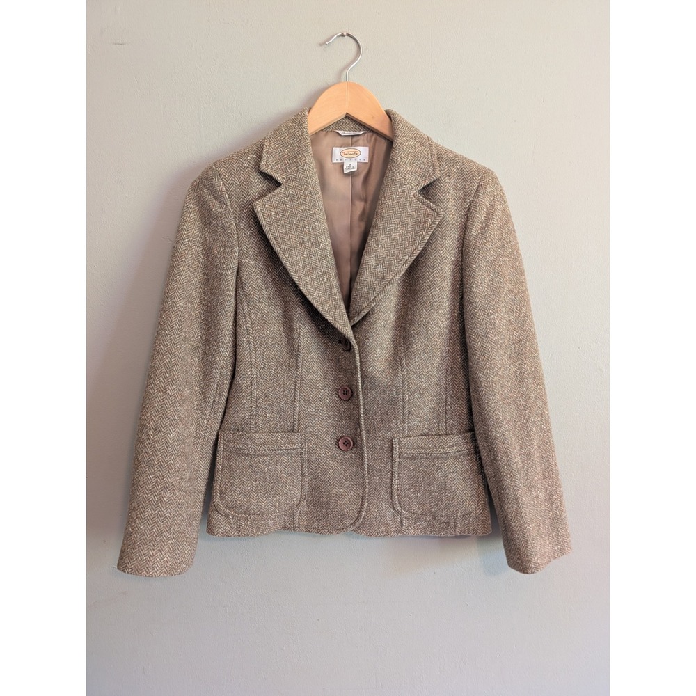 Talbots Petites Vintage Italian Wool Silk Herringbone Blazer Brown Equestrian 2P